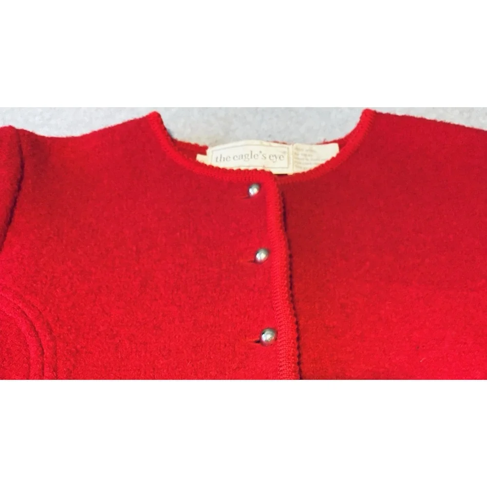 Vintage The‎ Eagles Eye Size 10 Boiled Wool Red Cardigan Sweater Silver Buttons